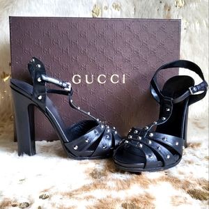 Gucci black ankle strap silver  stud sandals Size 38